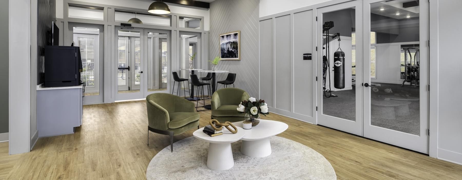bright lobby with tables and chairs