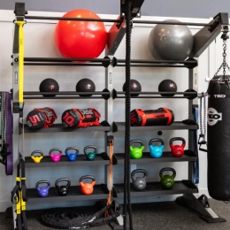shelves with workout equipment